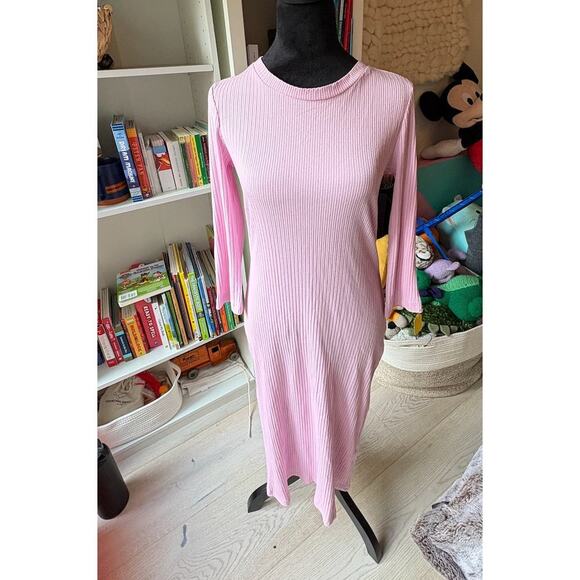 RARE Lesley Evers Ribbed Midi Dress - Soft Pink, Size Medium, 3/4 Sleeve - Picture 5 of 6